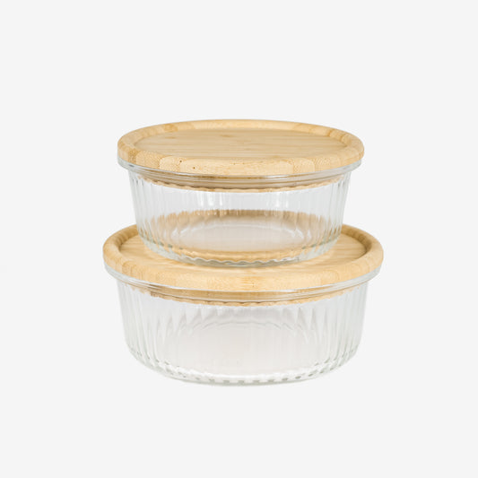 Embossed Borosilicate Glass Container with Bamboo Lid Round