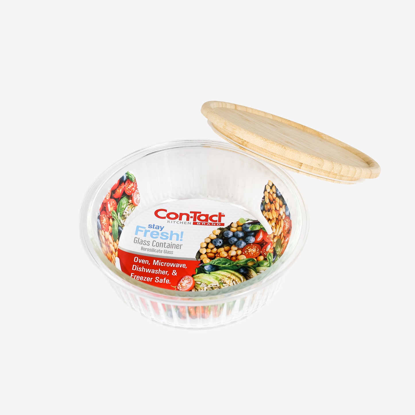 Embossed Borosilicate Glass Container with Bamboo Lid Round