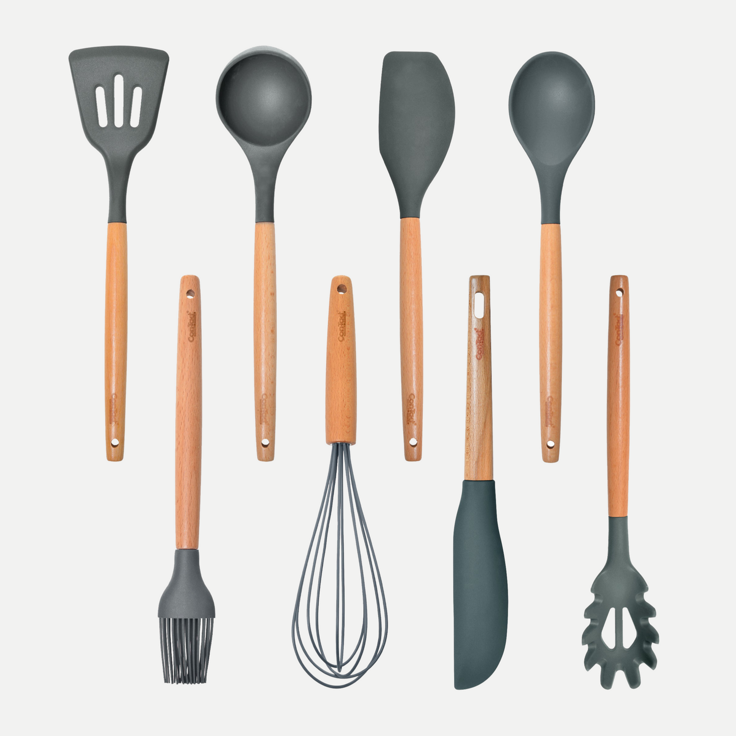 Silicone Utensils with Beech Wood Handles - Gray