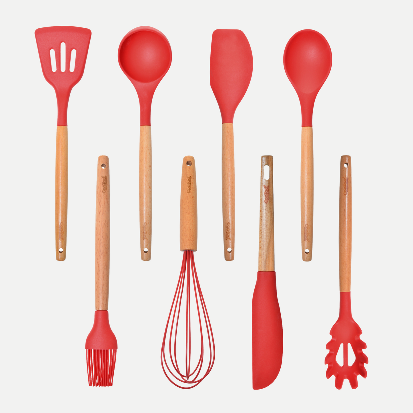 Silicone Utensils with Beech Wood Handles - Red