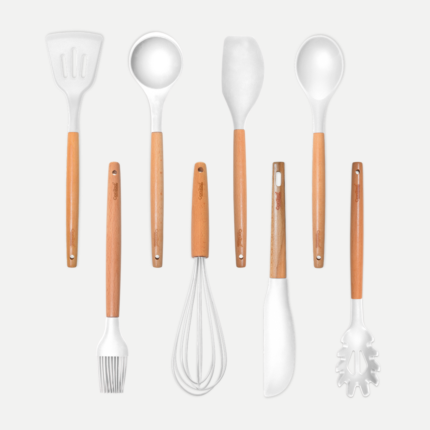 Silicone Utensils with Beech Wood Handles - White