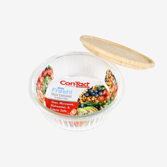 Embossed Borosilicate Glass Container with Bamboo Lid Round