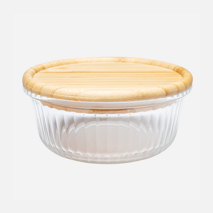 Embossed Borosilicate Glass Container with Bamboo Lid Round