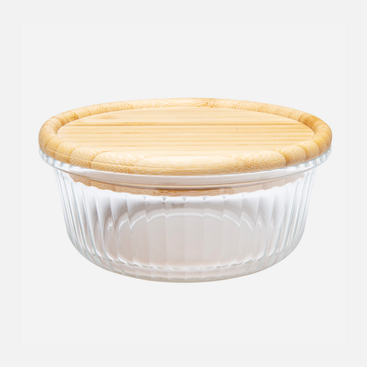 Embossed Borosilicate Glass Container with Bamboo Lid Round