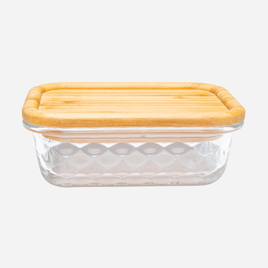 Embossed Borosilicate Glass Container with Bamboo Lid Rectangular