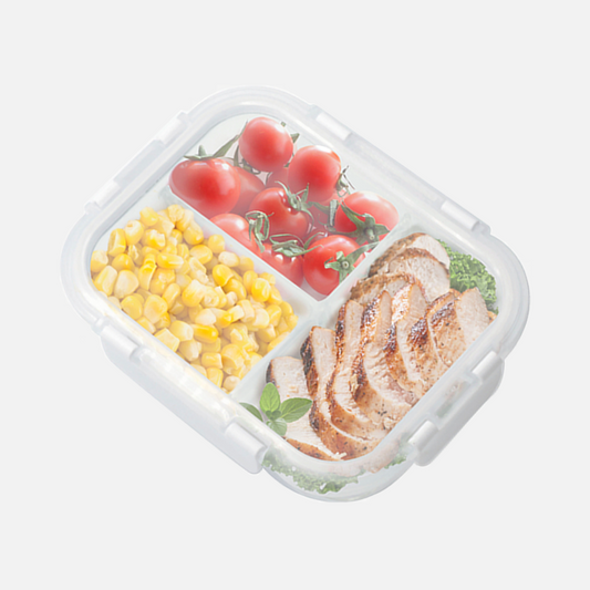 Premium Borosilicate Glass Food Storage Containers with 3 Compartments Rectangular