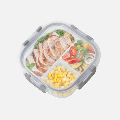 Premium Borosilicate Glass Food Storage Containers with 3 Compartments Square Light Gray